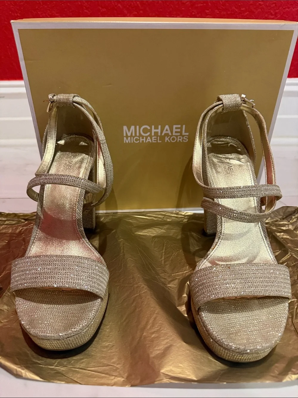 MICHAEL Michael Kors Gold Glitter Block Heel Sandals